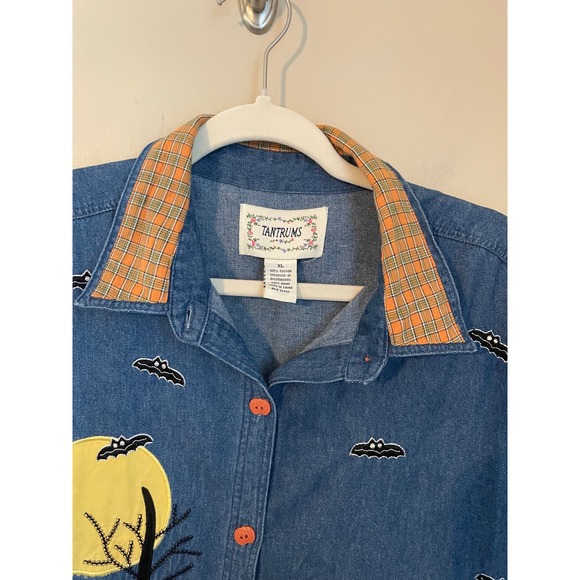 Tantrums Vintage Halloween Denim Button Up Shirt Size XL Applique Embroidered - Picture 5 of 9